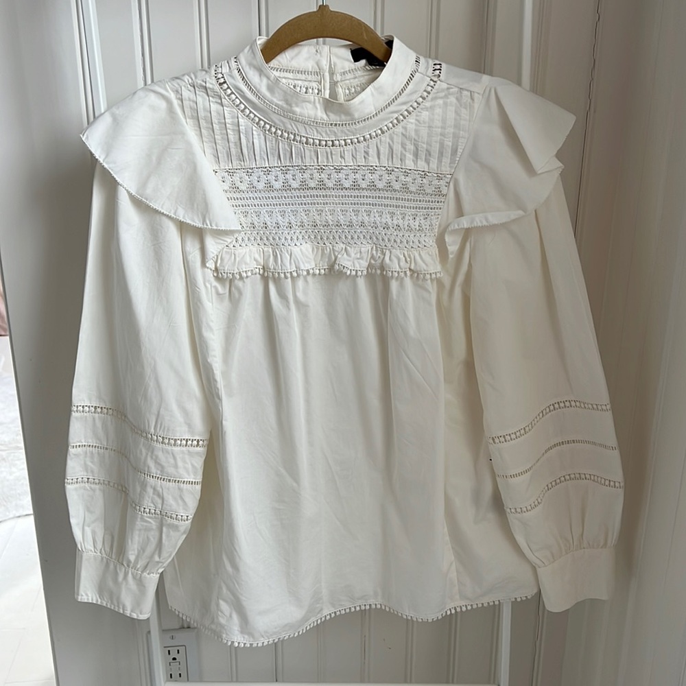 J Crew white/cream ruffle top with back buttons size small